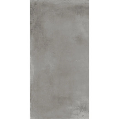 Grey concrete effect porcelain tile in rectangular format, caementum furvus