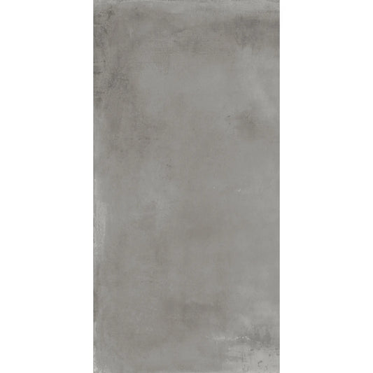Grey concrete effect porcelain tile in rectangular format, caementum furvus