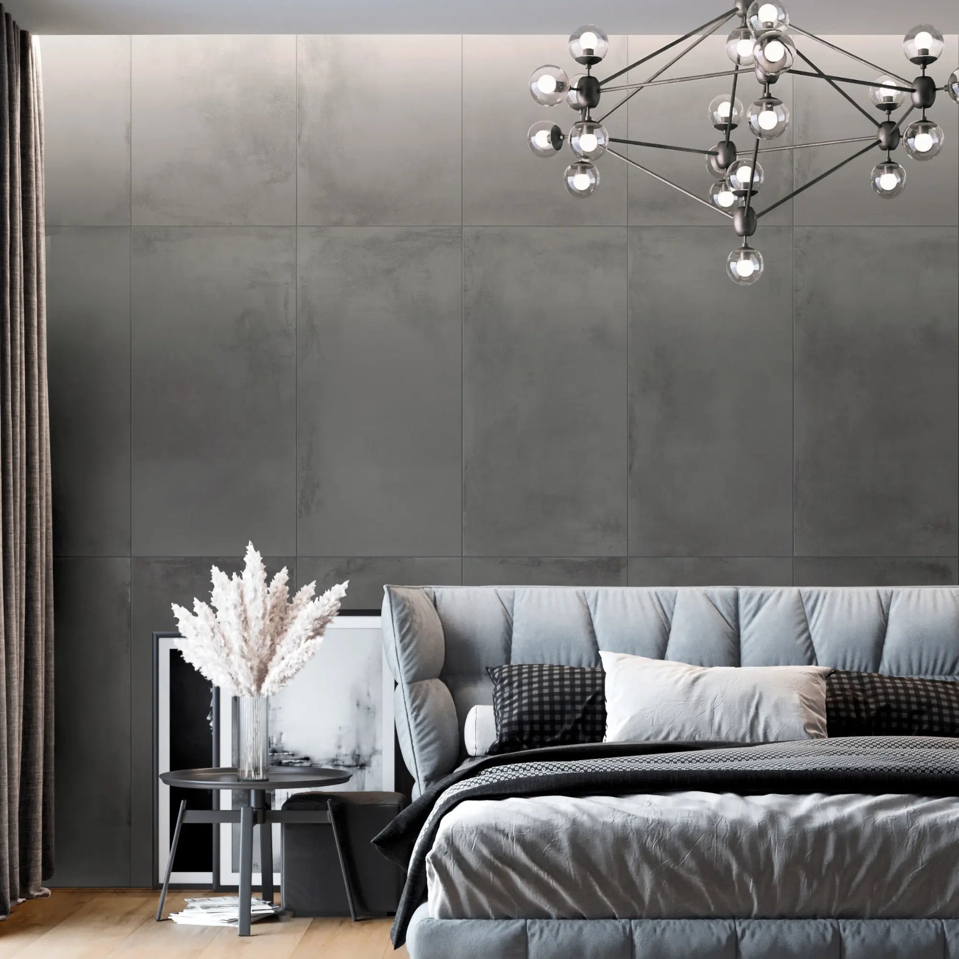 Modern bedroom with grey concrete effect porcelain tiles, caementum furvus