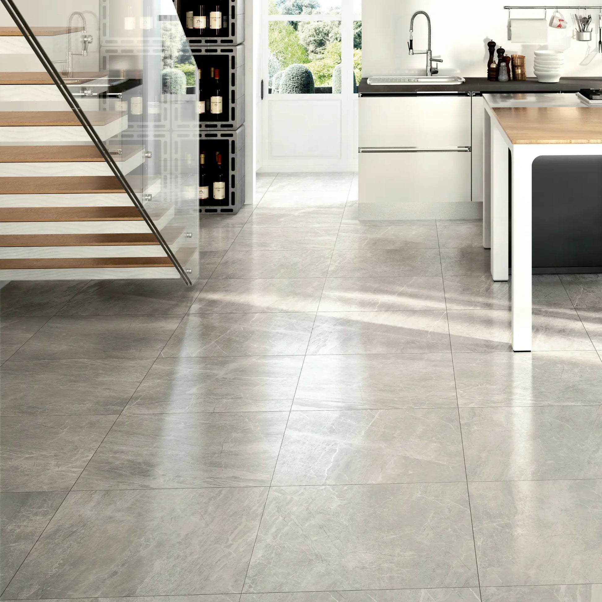 Modern kitchen interior with grey marble-effect matte porcelain tiles on the floor, Athena Grigio