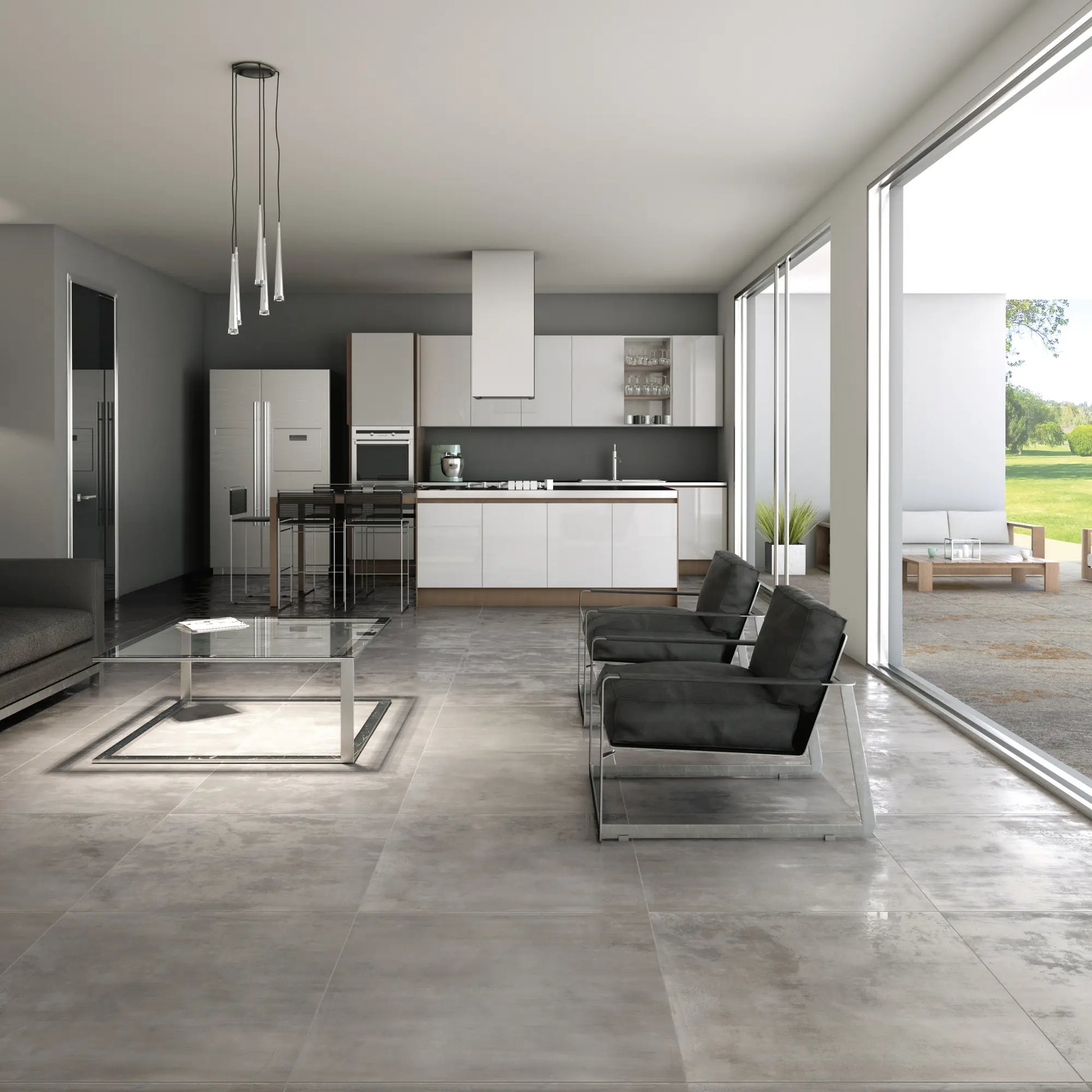 Grey metal effect porcelain floor tiles with industrial finish, Le Leghe Platino