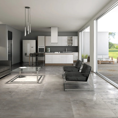 Grey metal effect porcelain floor tiles with industrial finish, Le Leghe Platino