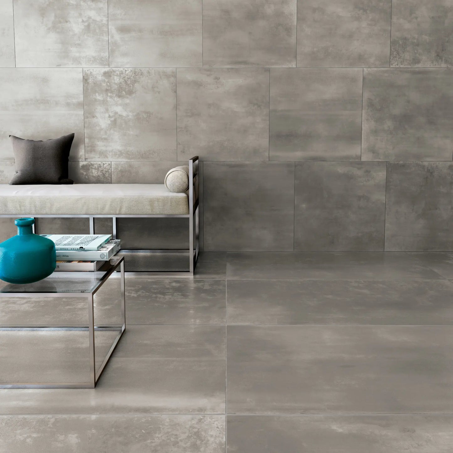 Grey metal effect porcelain tiles for floor and wall applications in modern interiors, Le Leghe Platino