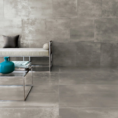 Grey metal effect porcelain tiles for floor and wall applications in modern interiors, Le Leghe Platino