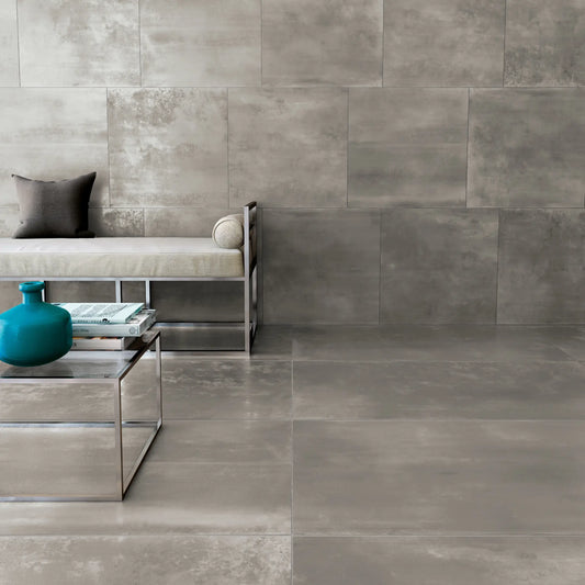 Grey metal effect porcelain tiles for floor and wall applications in modern interiors, Le Leghe Platino
