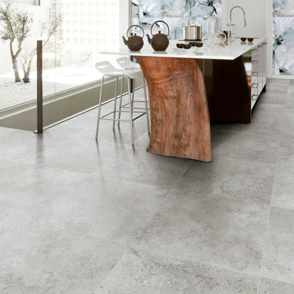 Grey stone effect porcelain floor tile in contemporary kitchen interior, Colosseo grigio