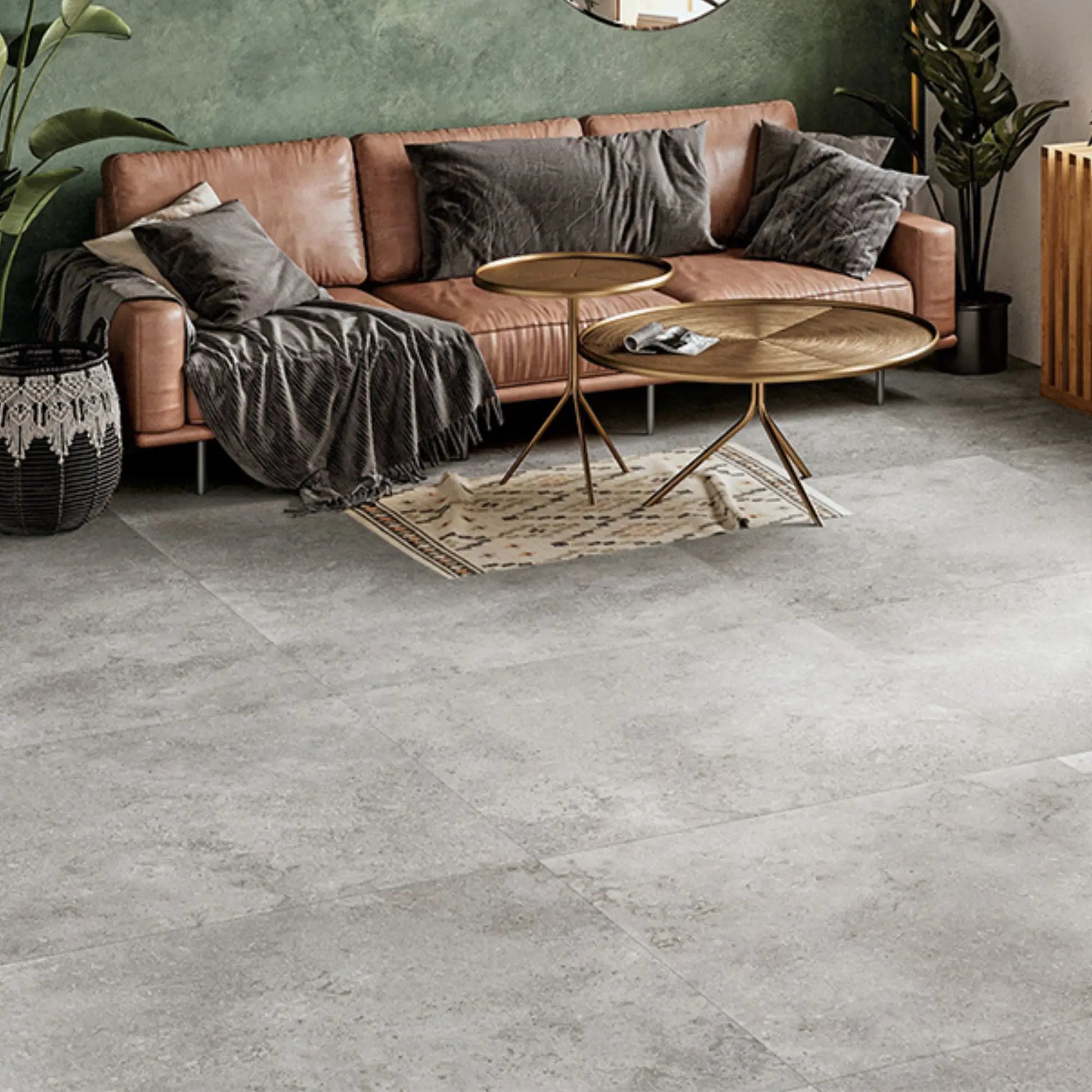 Grey stone effect porcelain floor tile installed in modern living room, Colosseo Grigio 