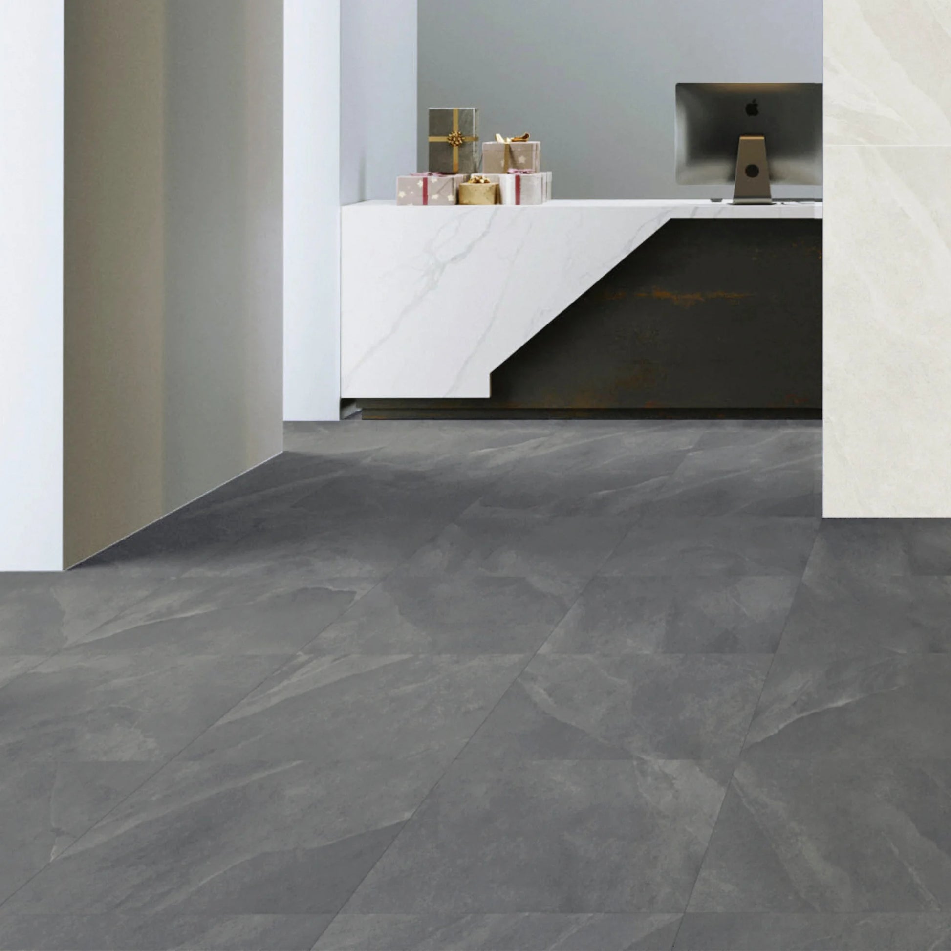 Room with grey stone effect porcelain flooring Slash Dark Grey
