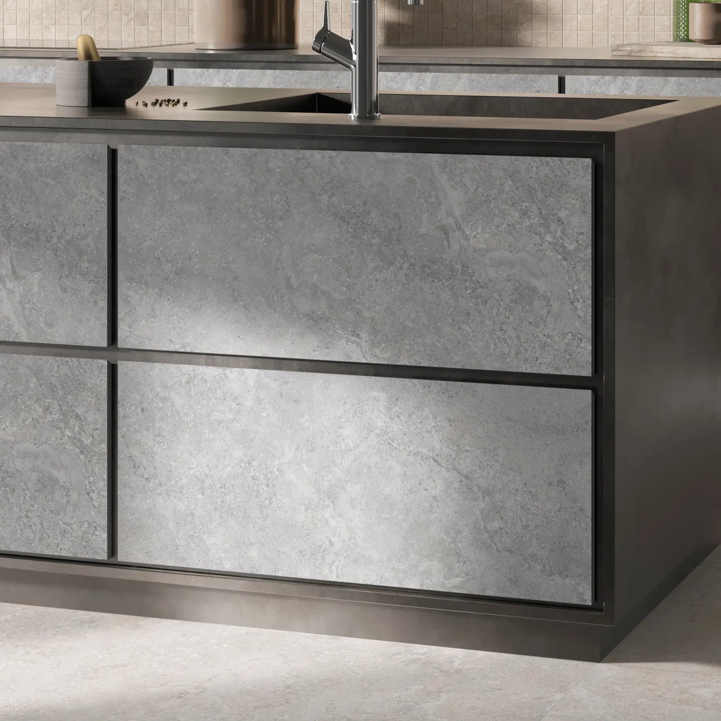 Modern kitchen with grey stone effect porcelain tile cladding and natural textured veining, Dolomia Stone Grey