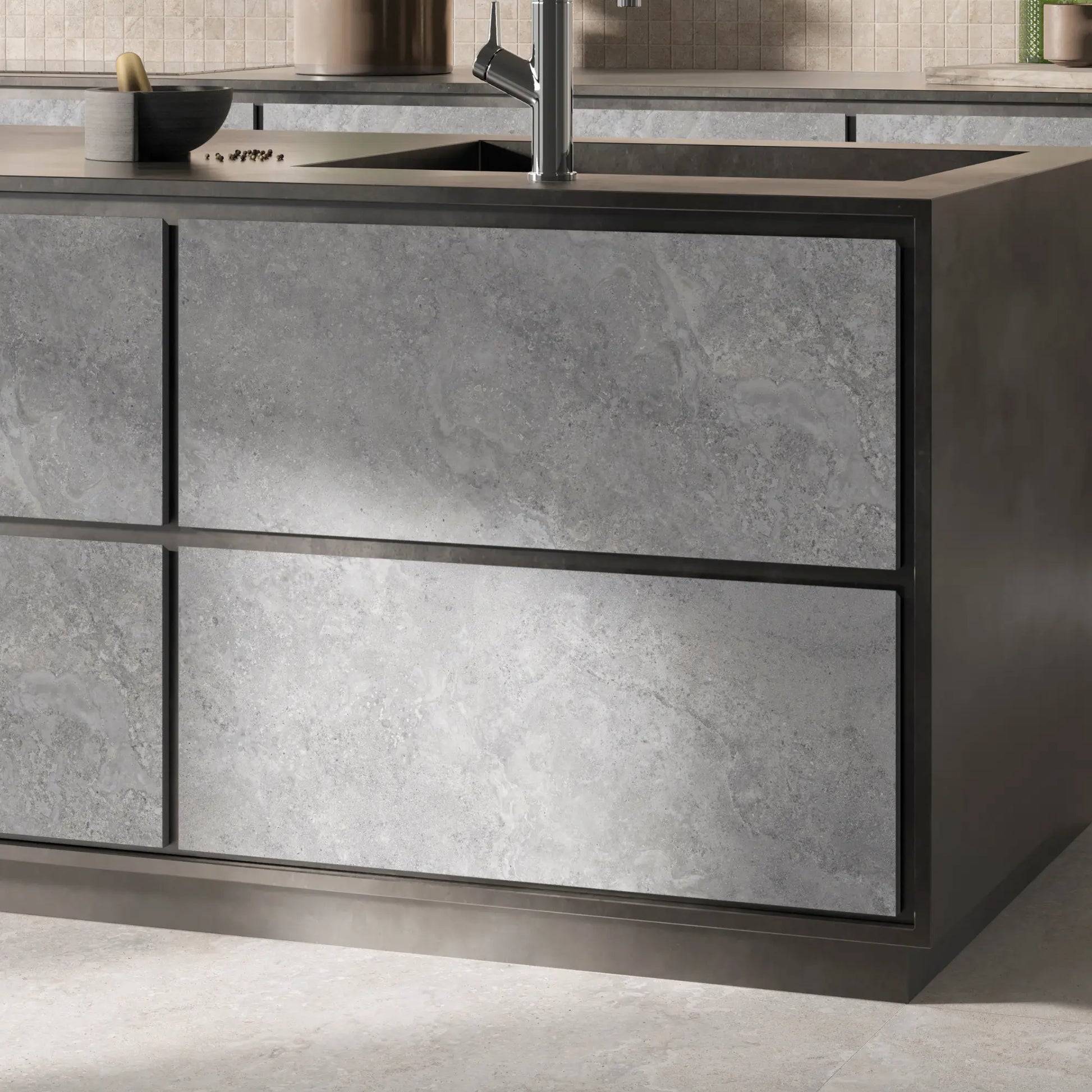 Modern kitchen with grey stone effect porcelain tile cladding and natural textured veining, Dolomia Stone Grey