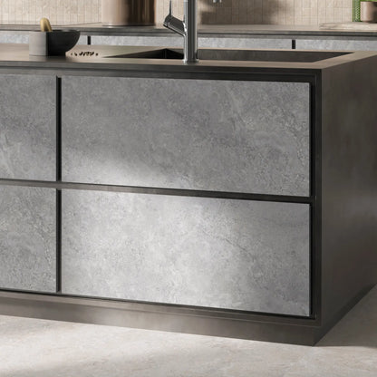 Modern kitchen with grey stone effect porcelain tile cladding and natural textured veining, Dolomia Stone Grey