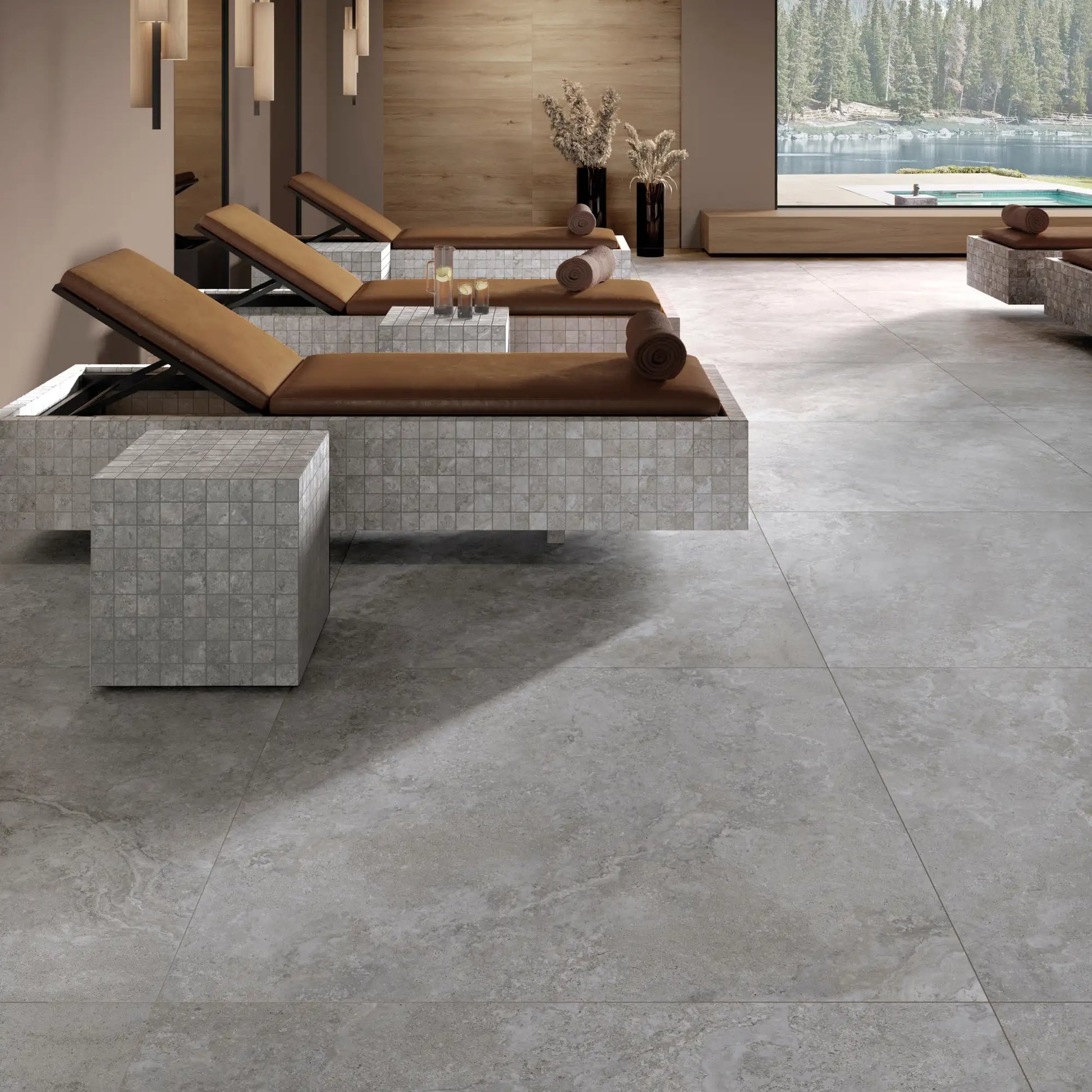 Grey stone effect porcelain tile flooring in a spa interior with natural stone-inspired veining, Dolomia Stone Grey