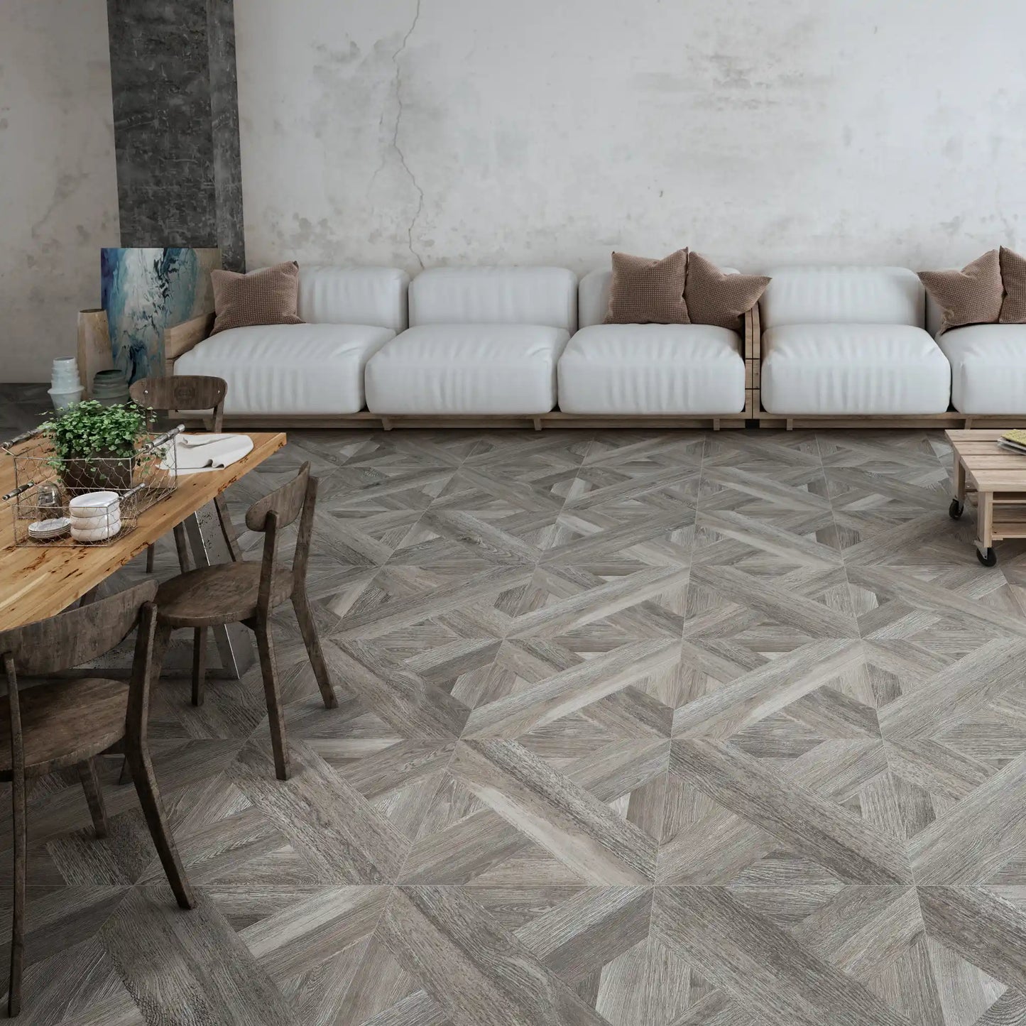 Open space with grey wood effect porcelain tiles in 60x60 format, Intarsio grigio