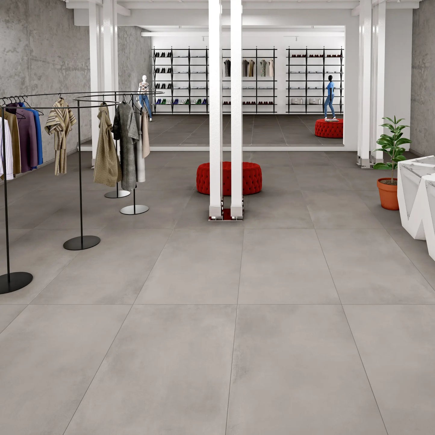 Light grey concrete effect floor tiles in a modern store interior, Caementum Pulvis