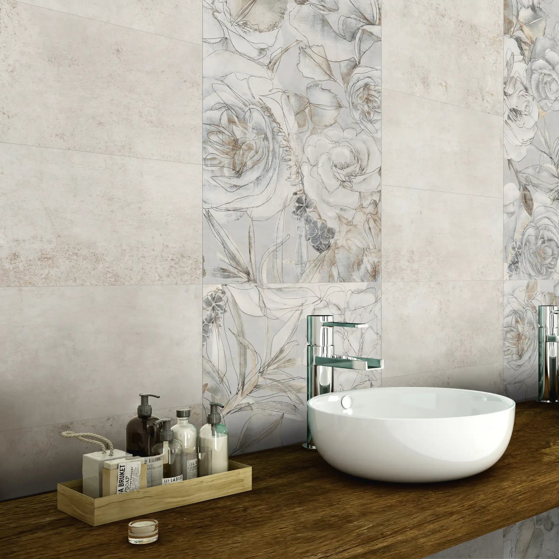 Light grey metal effect porcelain wall tiles in bathroom setting, Metropolitan Nichel