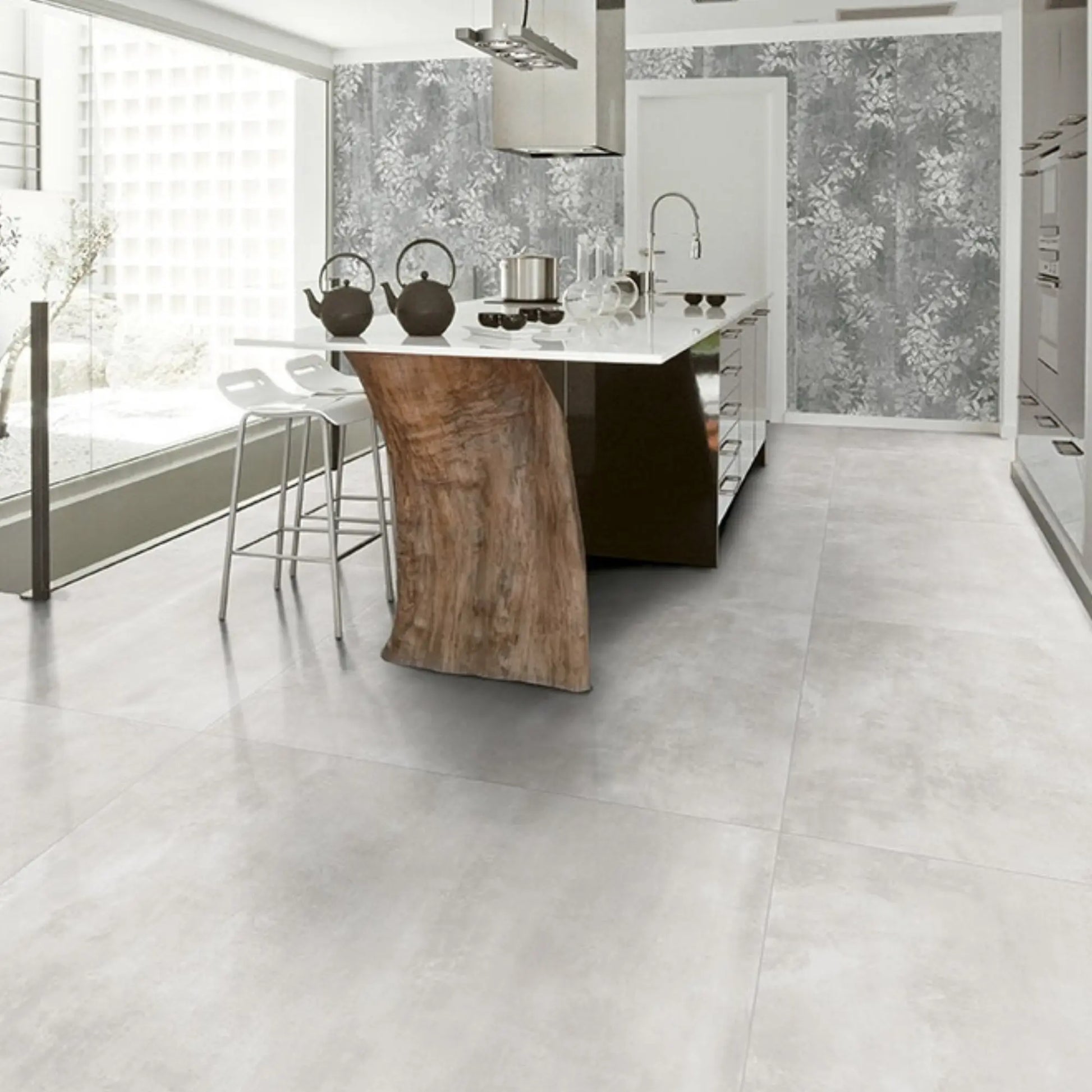 Light grey metal effect porcelain floor tiles in contemporary kitchen interior, Le Leghe Stagno