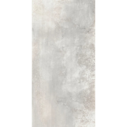 Light grey metal effect porcelain tile with soft industrial texture in rectangular format, Le Leghe Stagno
