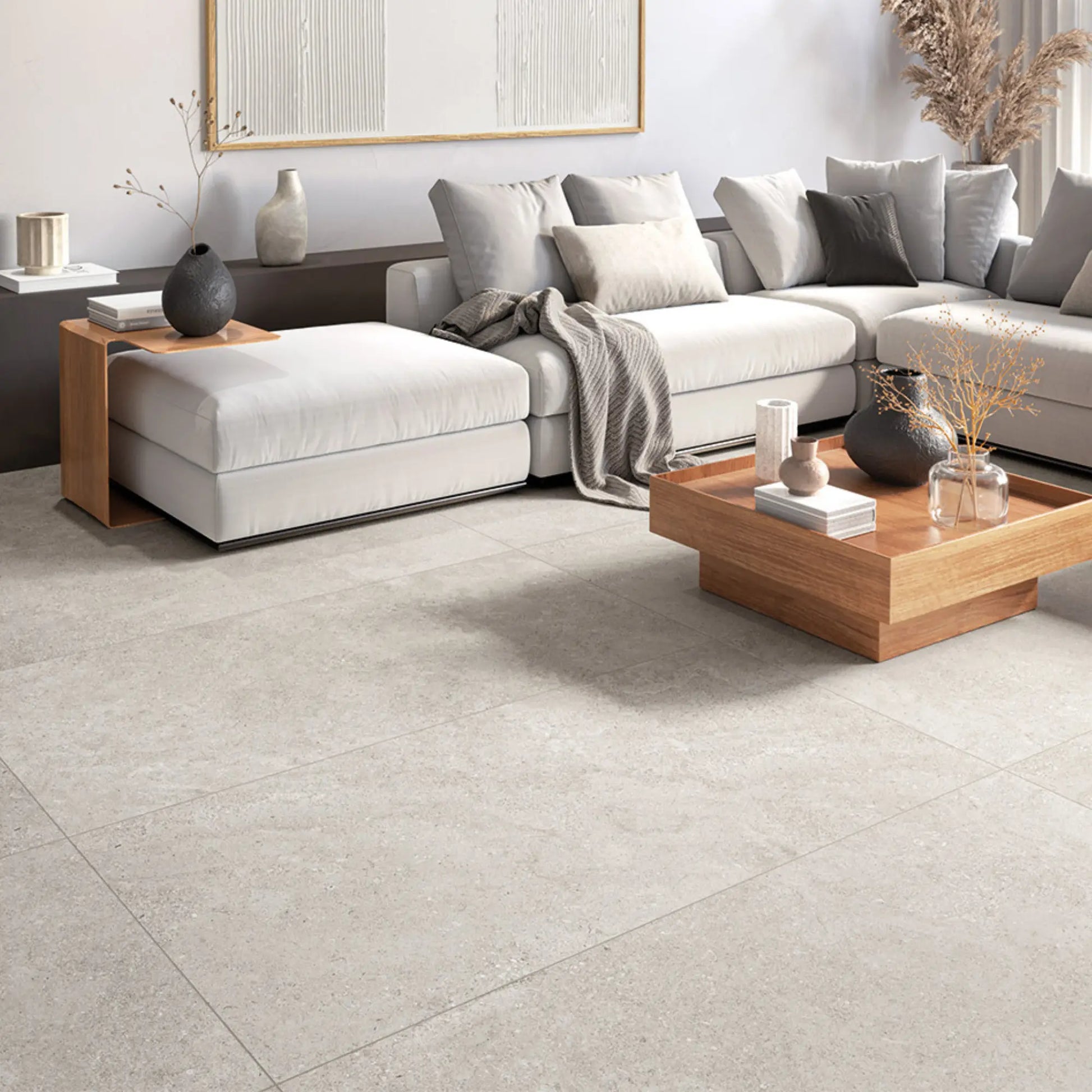 Light grey stone effect porcelain floor tiles in modern living room – Eterea Perla