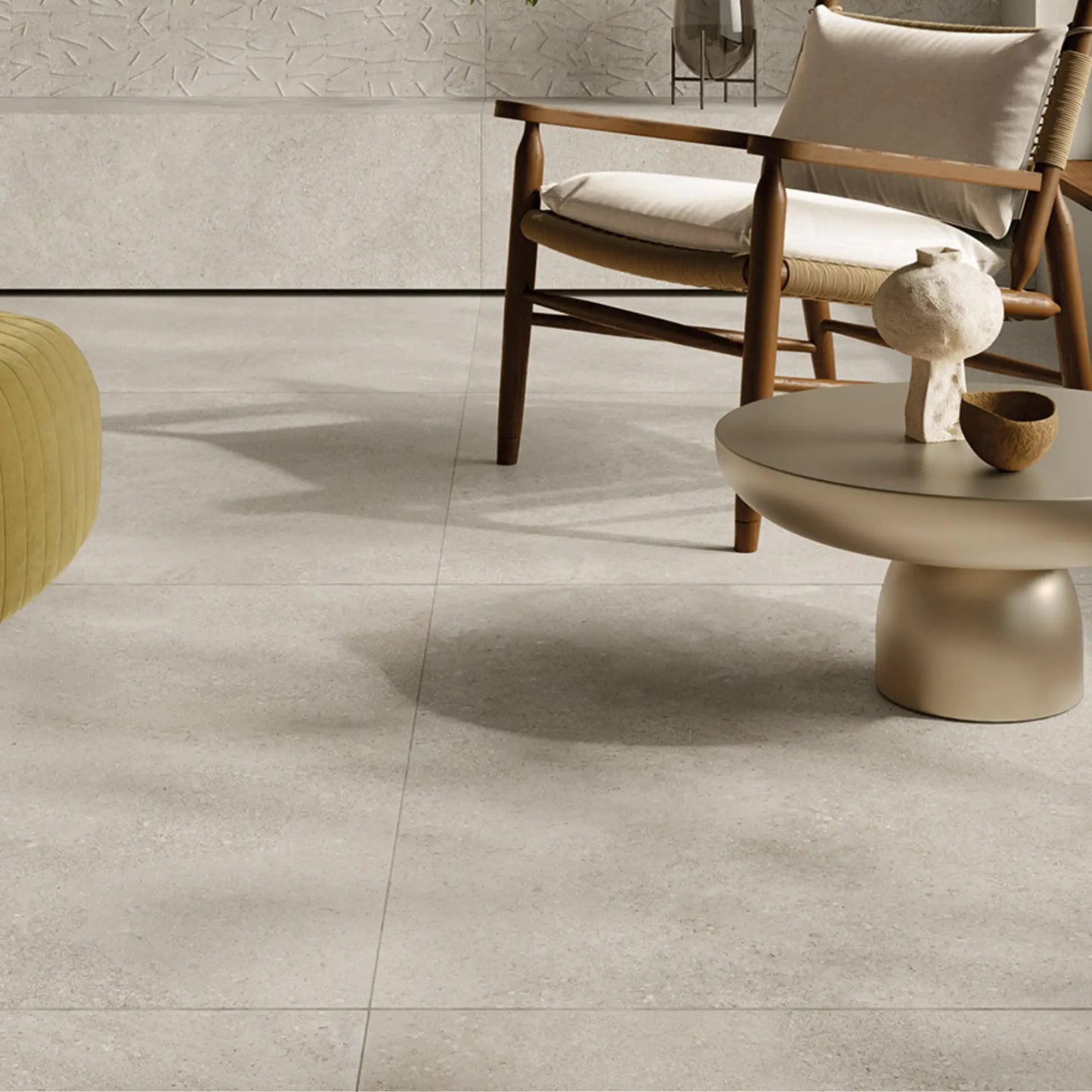 Light grey stone effect porcelain floor tiles in contemporary interior décor – Eterea Perla