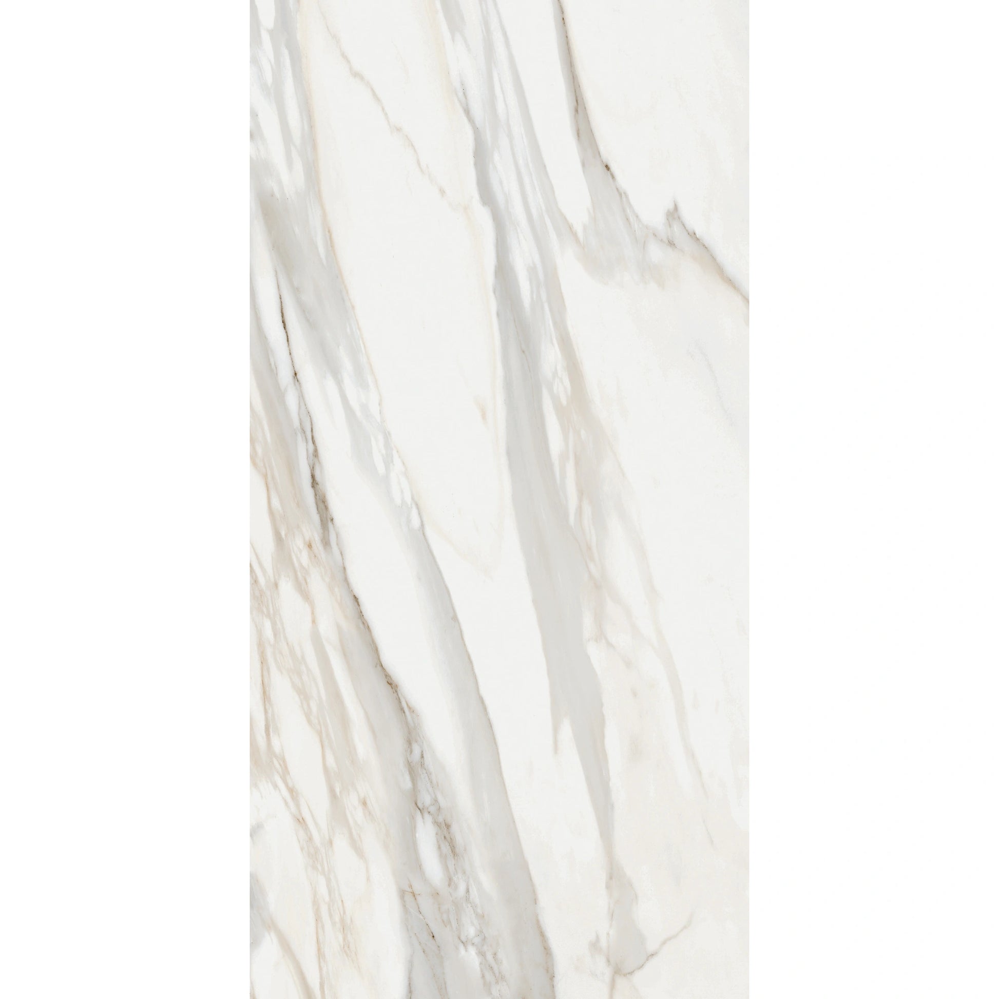 Matte marble-effect porcelain tile with elegant warm veining in rectangular format, white marble calacatta oro
