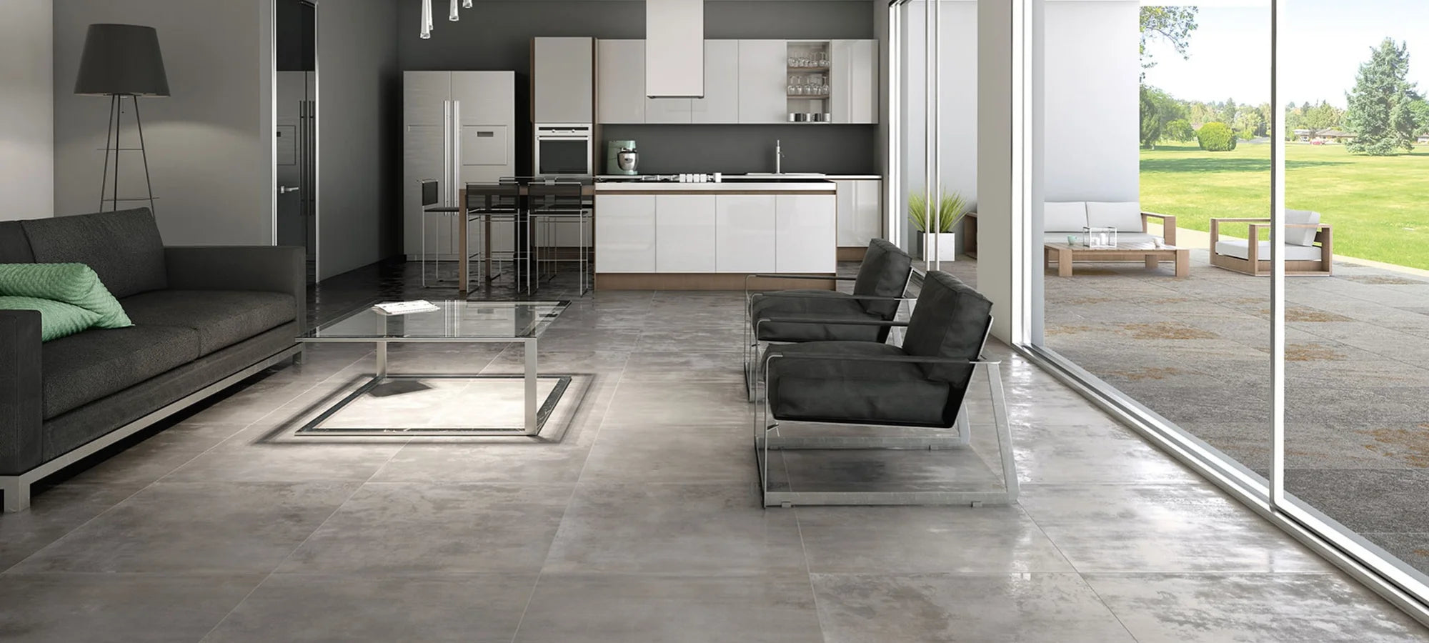 Modern living room with metal-effect porcelain floor tiles in a contemporary open-space design.