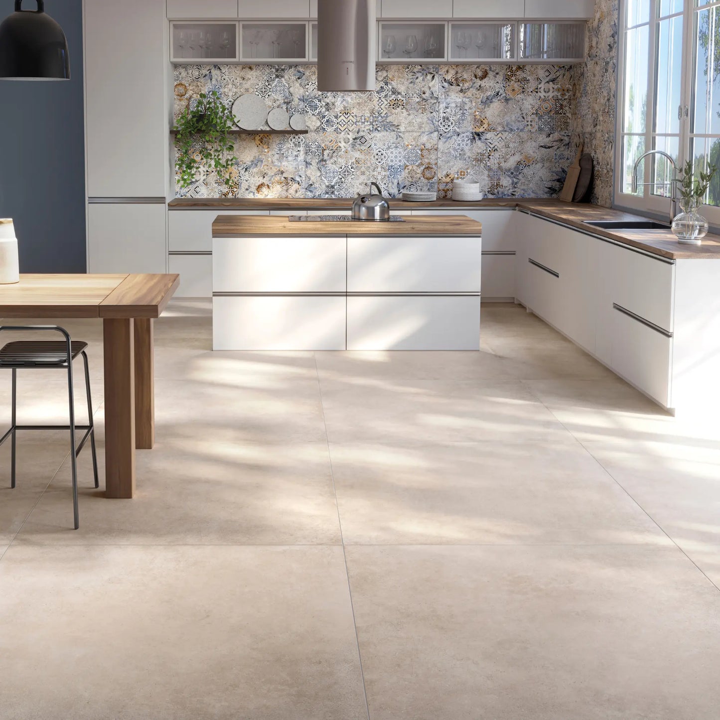 Modern kitchen with beige concrete-effect porcelain stoneware flooring, Continental Sand.