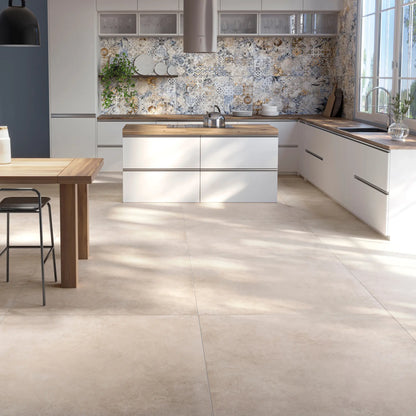 Modern kitchen with beige concrete-effect porcelain stoneware flooring, Continental Sand.
