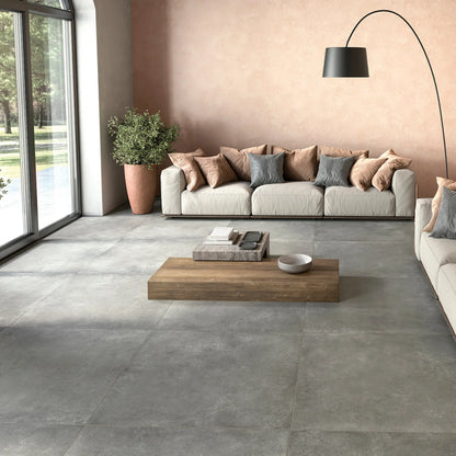Modern living room with dark grey concrete-effect porcelain stoneware flooring, continental dark grey.