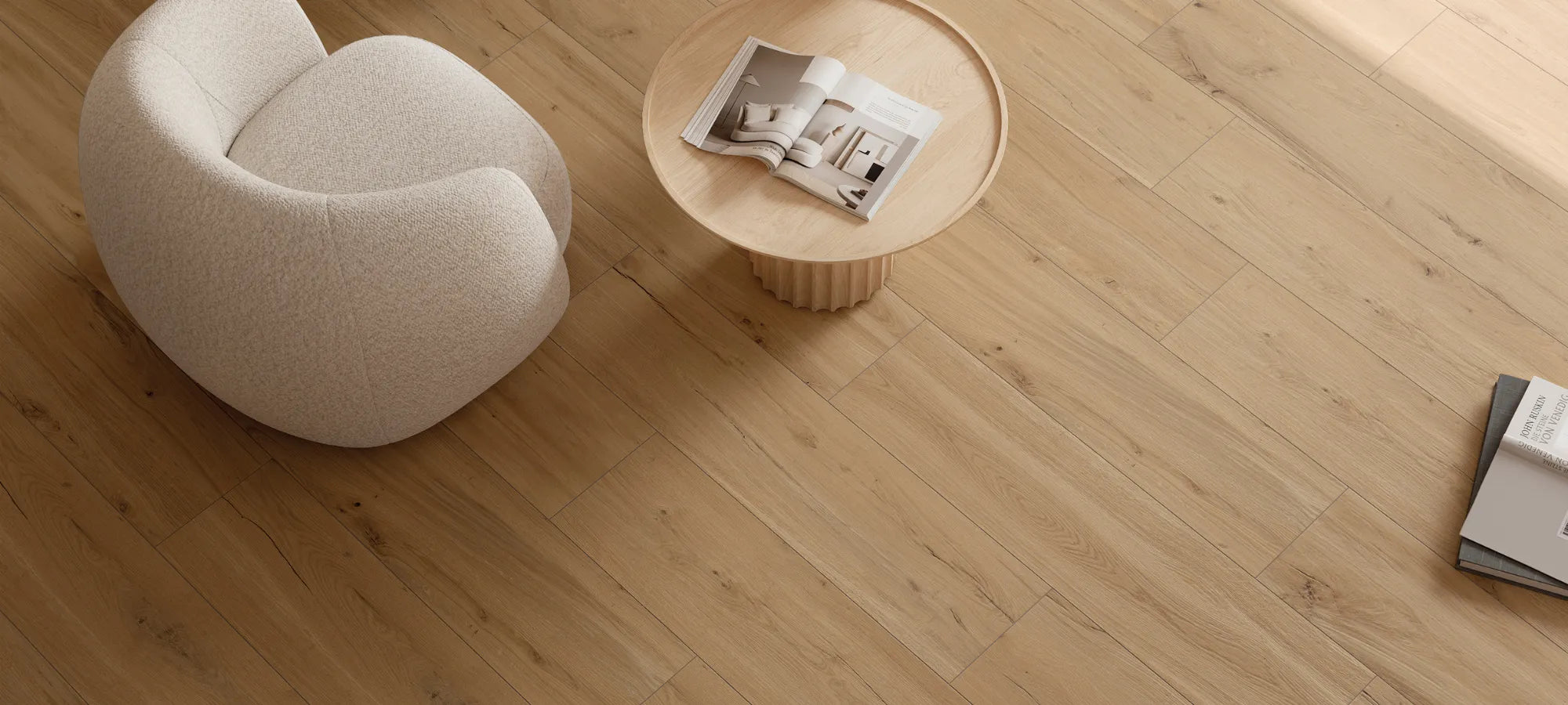 Modern living room featuring oak wood-effect porcelain stoneware tiles with a light, natural finish.