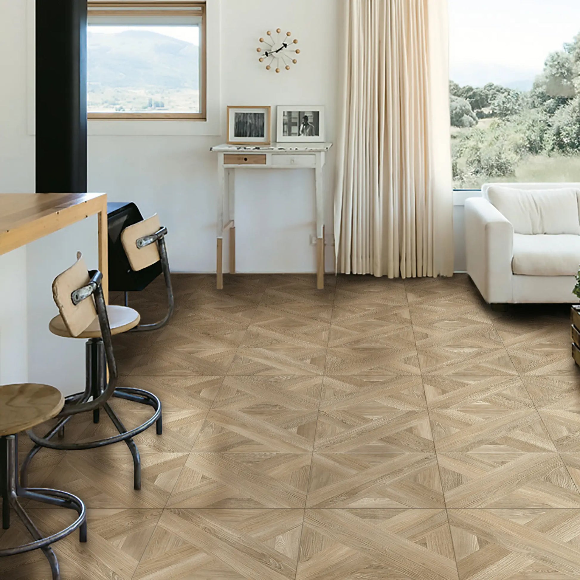Open space with oak wood effect porcelain tiles in 60x60 format, Intarsio miele