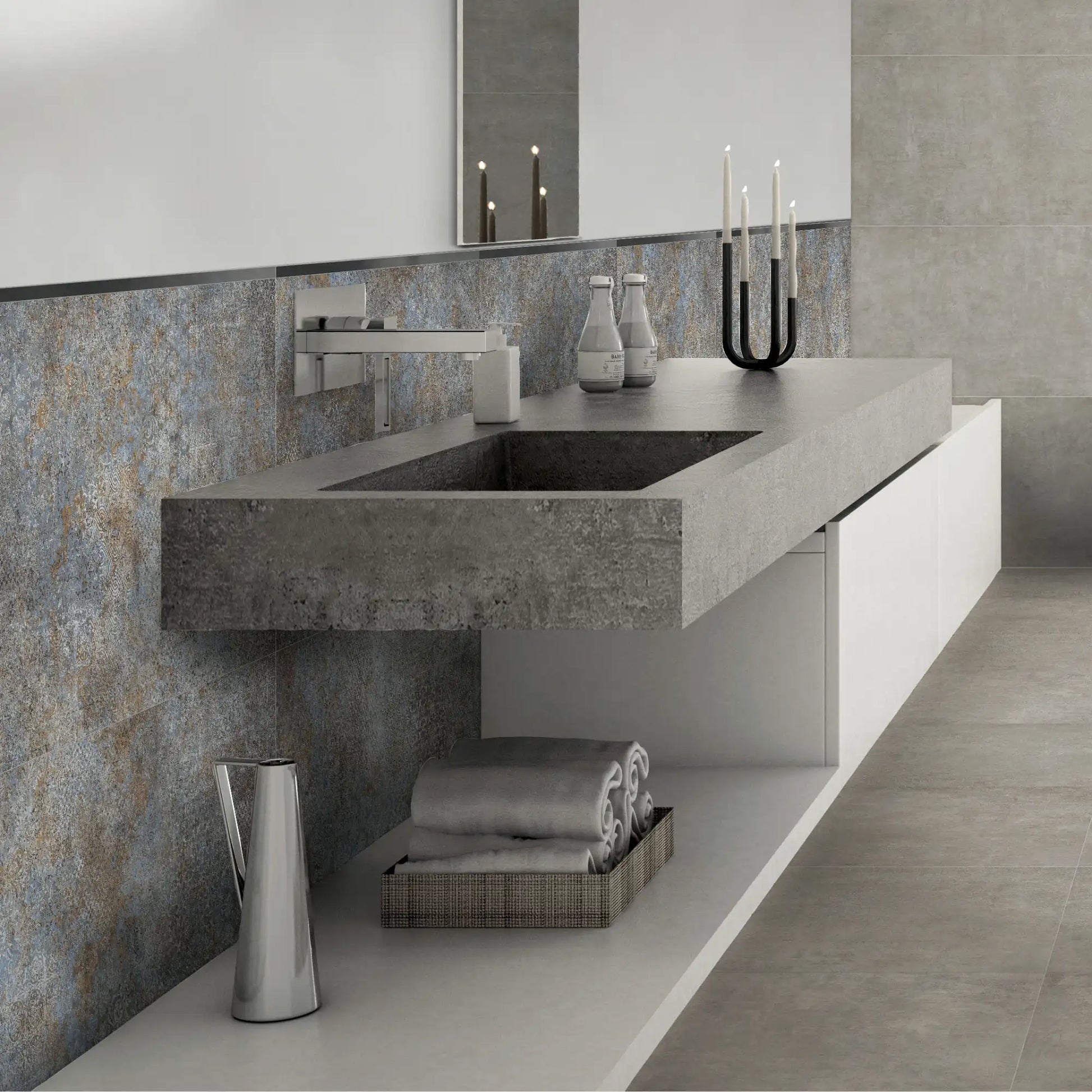 Porcelain stoneware decorative wall tile in a modern bathroom.
