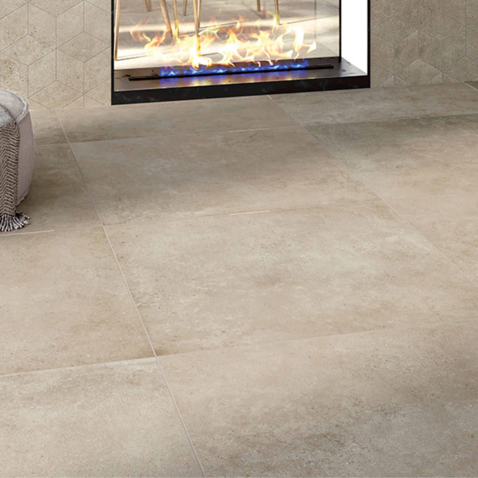 Beige concrete-effect porcelain stoneware floor tiles in a modern living room.