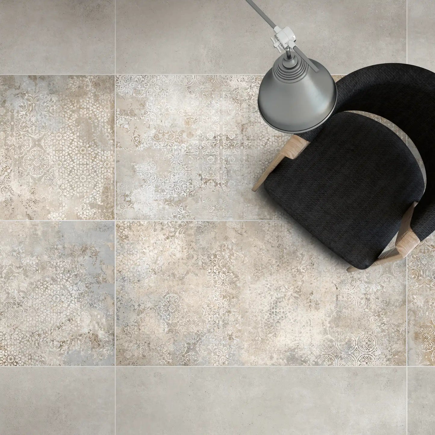 Top view of porcelain stoneware decorative floor tile with subtle beige and grey pattern.