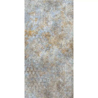 Porcelain stoneware decorative tile with textured blue and brown pattern.