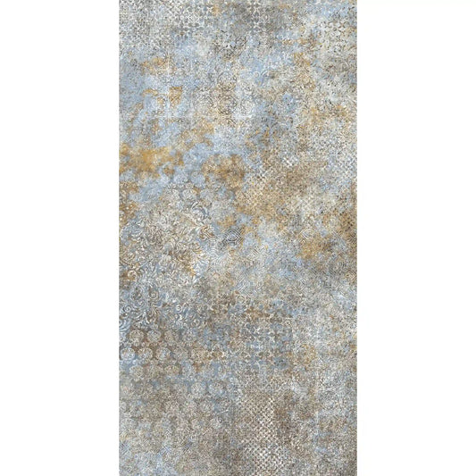 Porcelain stoneware decorative tile with textured blue and brown pattern.