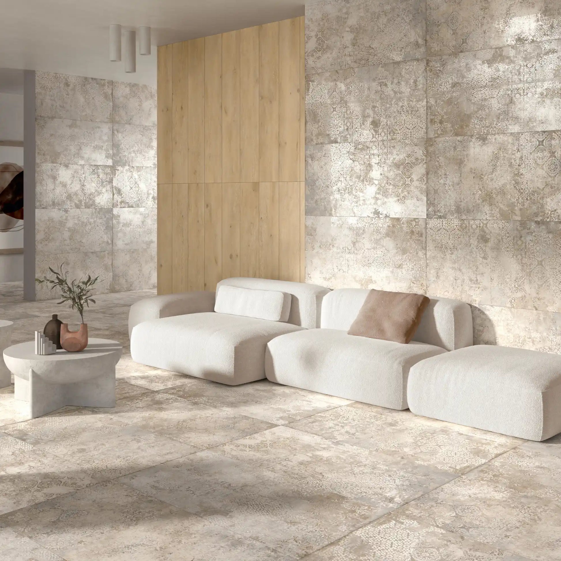 Porcelain stoneware decorative wall and floor tile in a modern living room interior.