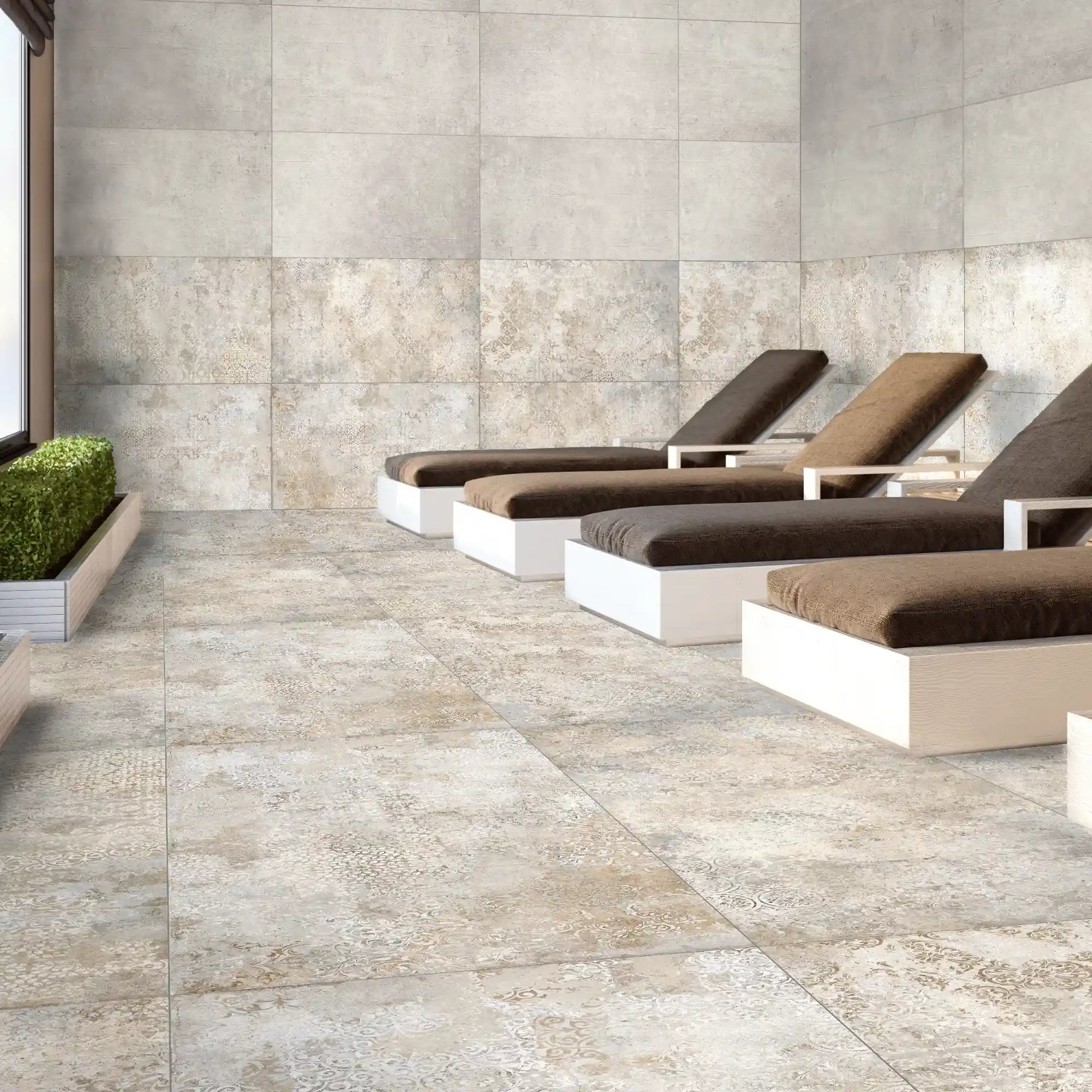 Porcelain stoneware decorative wall and floor tile installed in a wellness relaxation area.
