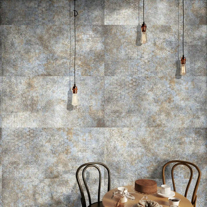 Porcelain stoneware decorative wall tile used in a café-style interior.