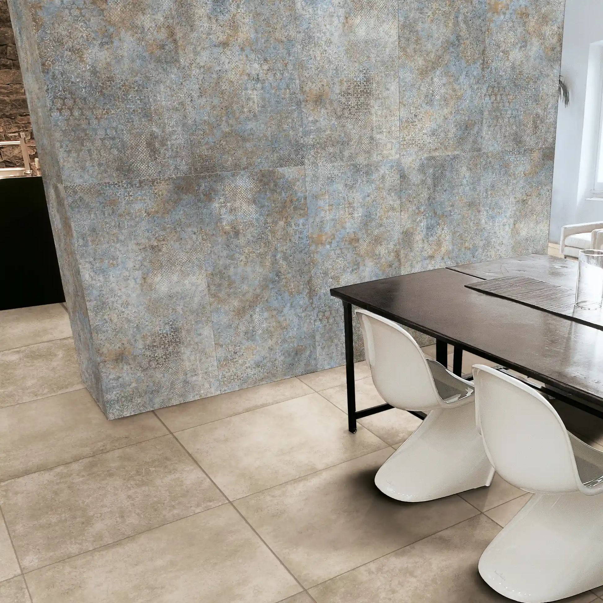 Porcelain stoneware decorative wall tile in a contemporary dining room setting.