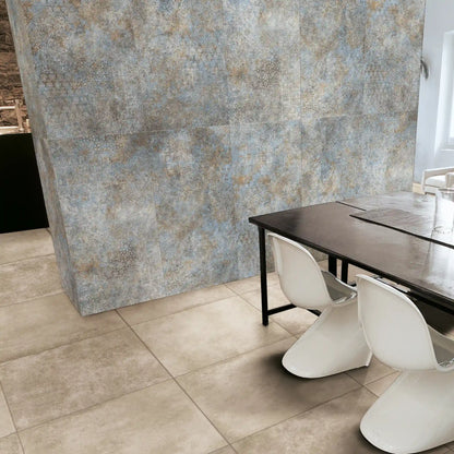 Porcelain stoneware decorative wall tile in a contemporary dining room setting.