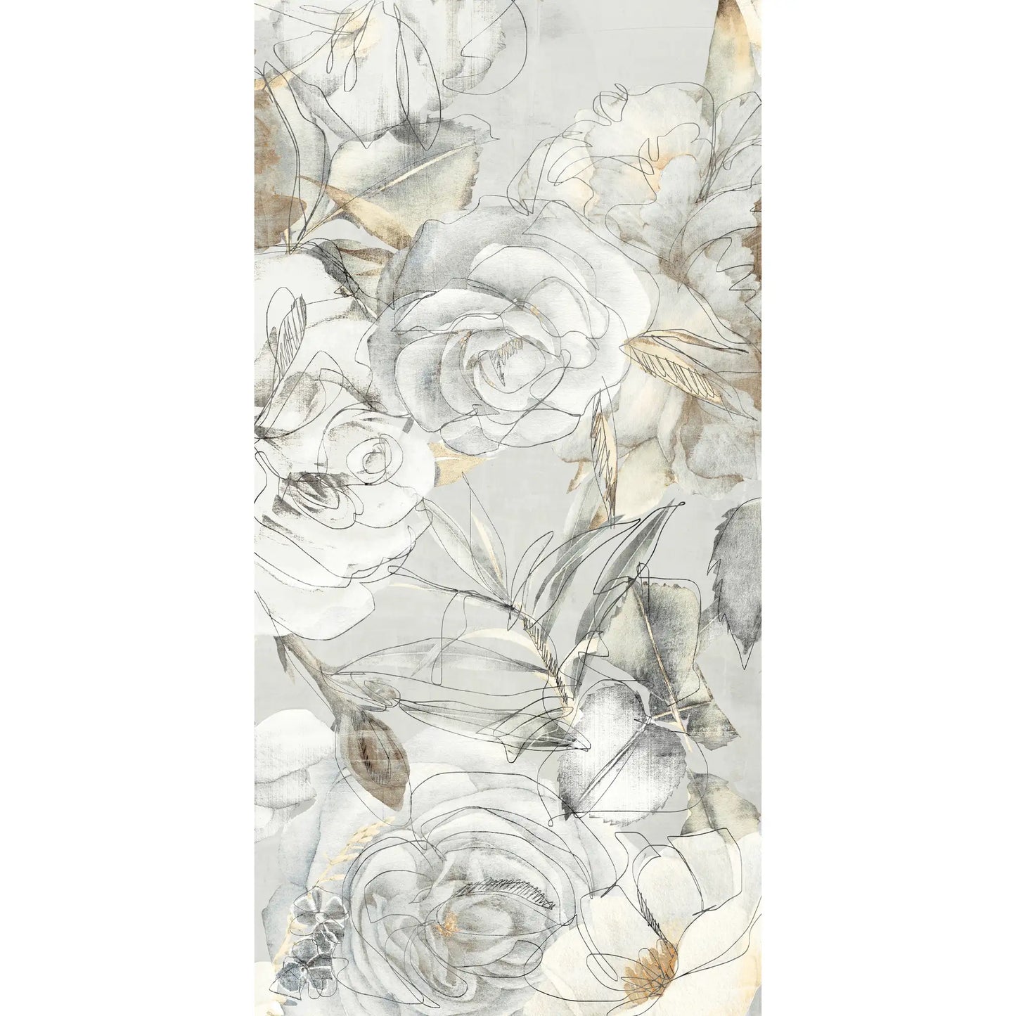 Close-up of a porcelain stoneware floral decorative tile with detailed sketch-style pattern 1.