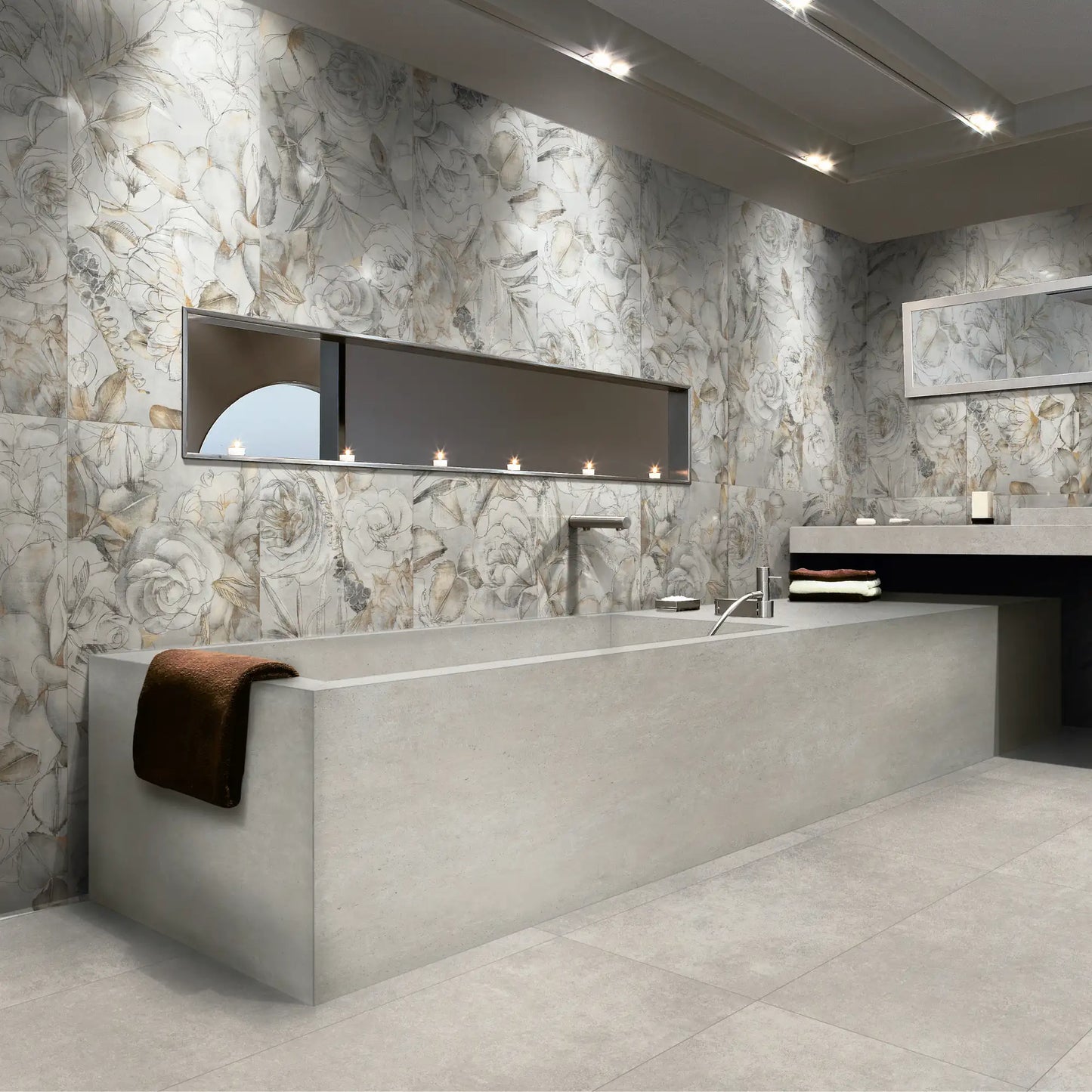 Porcelain stoneware floral decorative wall tile in a modern bathroom.