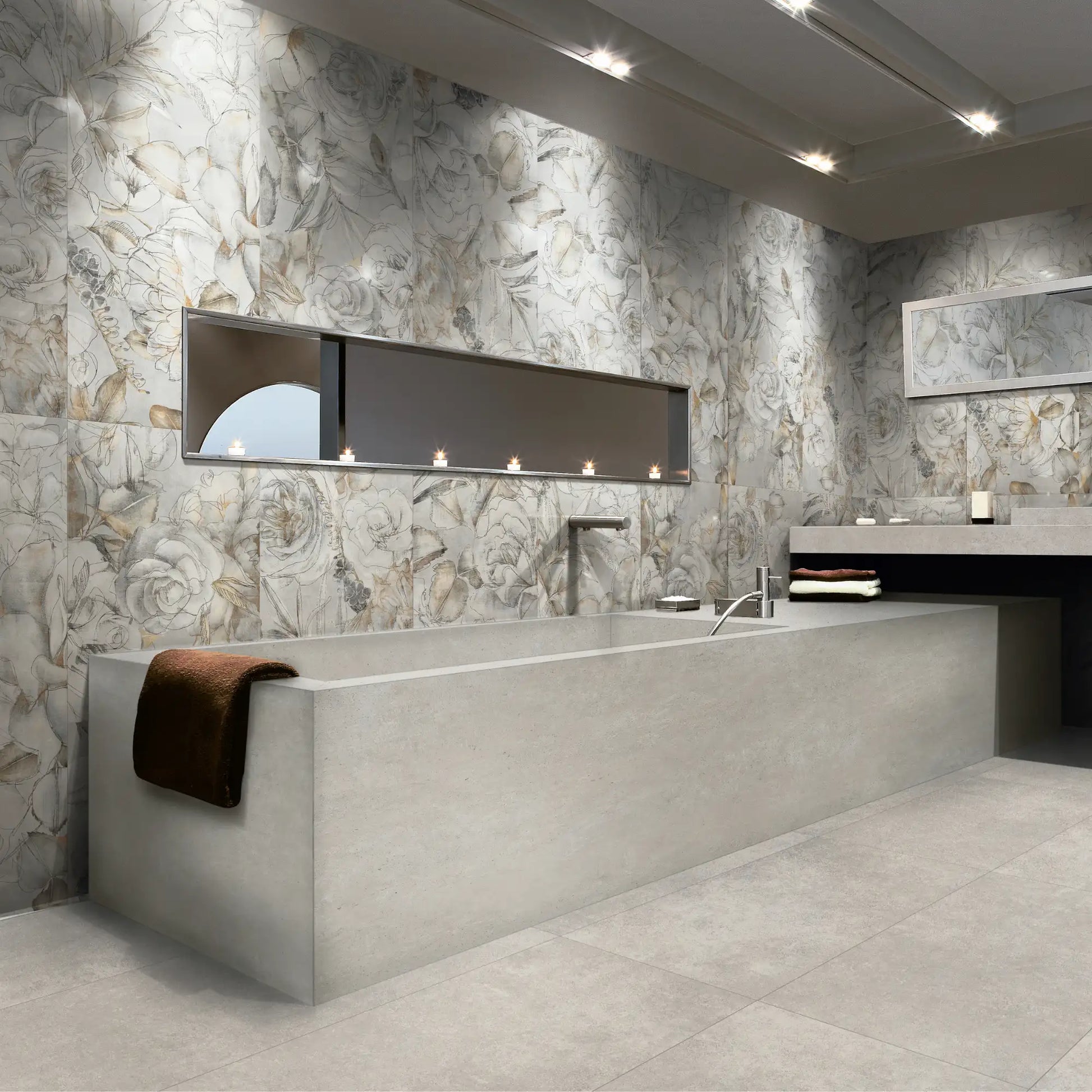 Porcelain stoneware floral decorative wall tile in a modern bathroom.