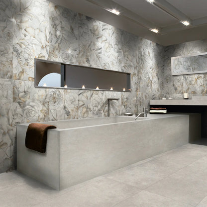 Porcelain stoneware floral decorative wall tile in a modern bathroom.