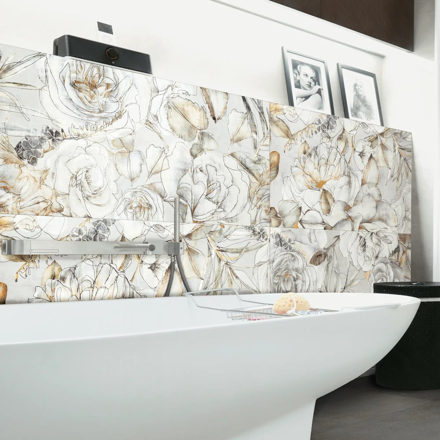 Porcelain stoneware floral decorative wall tile in a modern bathroom.