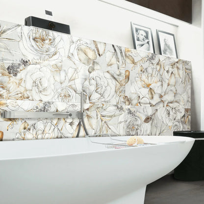 Porcelain stoneware floral decorative wall tile in a modern bathroom.
