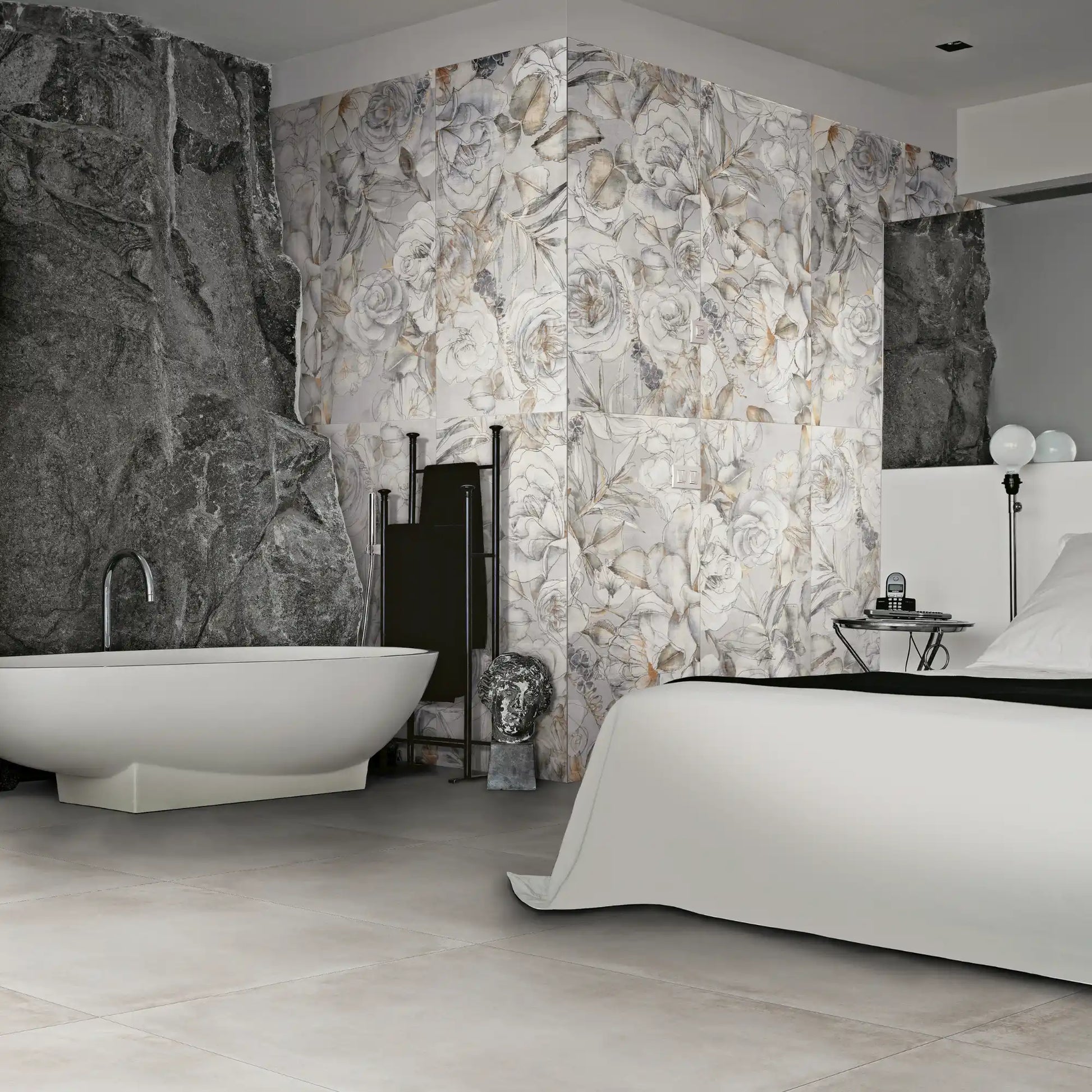 Porcelain stoneware floral wall tile used in a contemporary bedroom and bathroom interior.