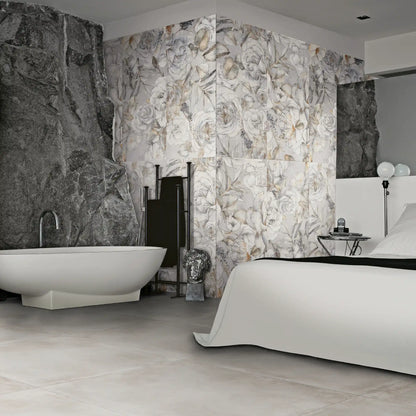 Porcelain stoneware floral wall tile used in a contemporary bedroom and bathroom interior.