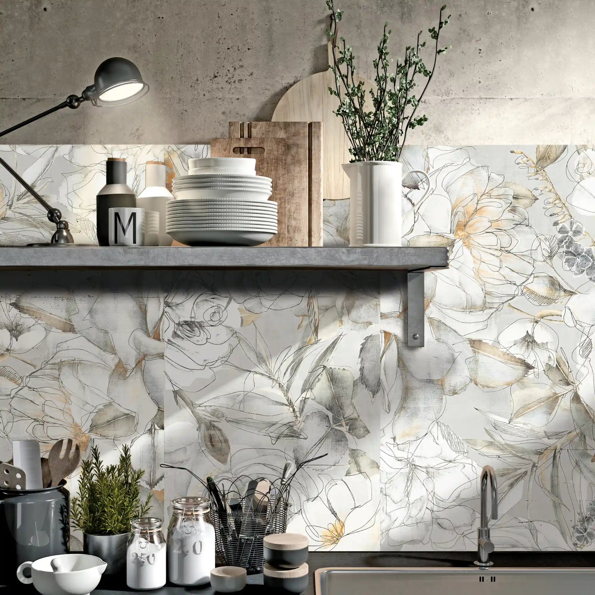 Porcelain stoneware floral decorative wall tile used as a kitchen backsplash in a modern interior.