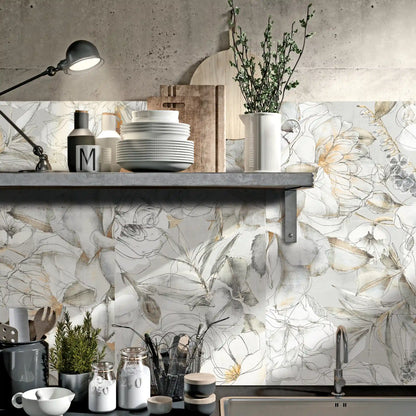 Porcelain stoneware floral decorative wall tile used as a kitchen backsplash in a modern interior.